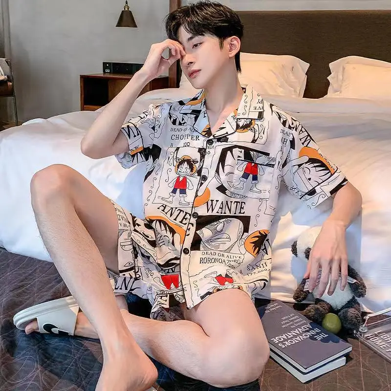 4XL Big Size Pajamas for Men Ice Silk Home Clothes Summer Thin Pyjama for Young Boy Anime Pijamas Japan Sleepwear Party Cozy