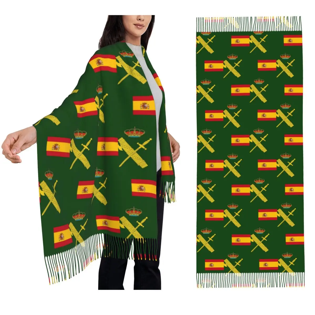 

Spain Flag Plus Emblem Civil Guard Scarf Tassel Scarves Women Soft Warm Shawls and Wraps Long Fall Winter Shawl Wrap