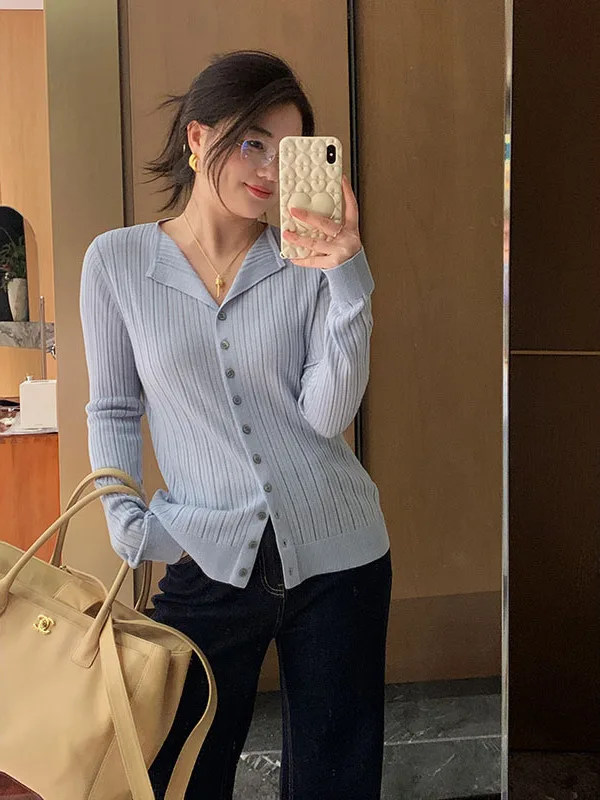 

Spring New Style Korean V-neck Hollow out Ruffle Sleeve Long Knitted Cardigan Women's Fashion Polyester Fiber Blend Wool Blen...