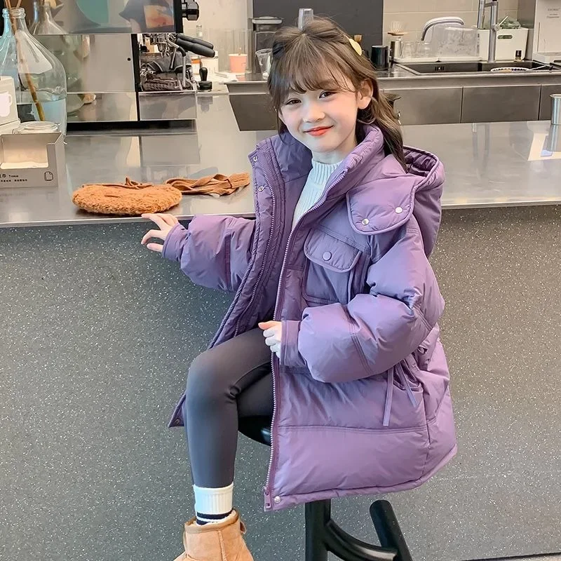 【2025 Winter】Tweens Girls' Thickened Padded Coat - Korean Style Fitted Waist Mid-Length Winter Jacket for Ages 8-12, Purple