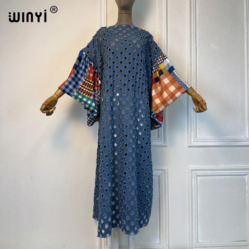 Winyi Originele Sexy Holle Denim Jurk Met Bubbelmouwen Mode-Afrika Damesvakantie Casual Maxi Strandbedekking Feestjurken