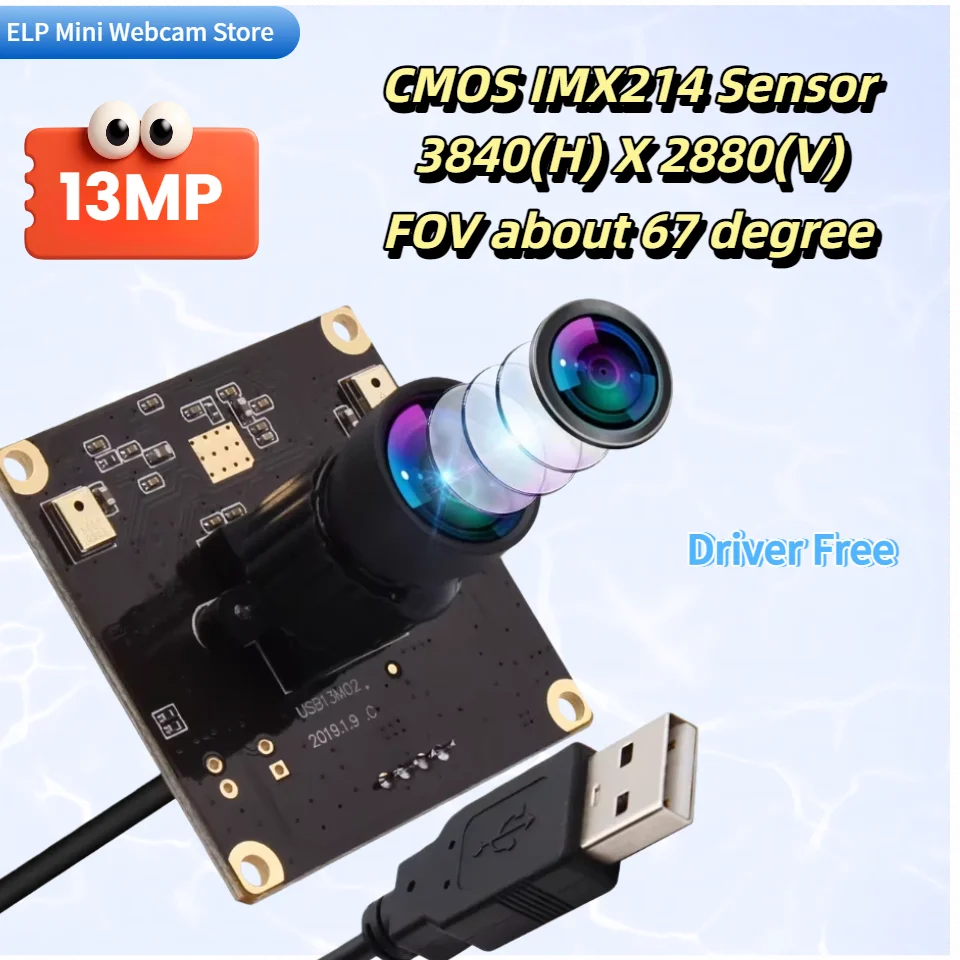 Модуль камеры ELP 13 МП, встроенный микрофон, CMOS IMX214, цветная USB-камера, промышленная камера без искажений, объектив для машинного зрения