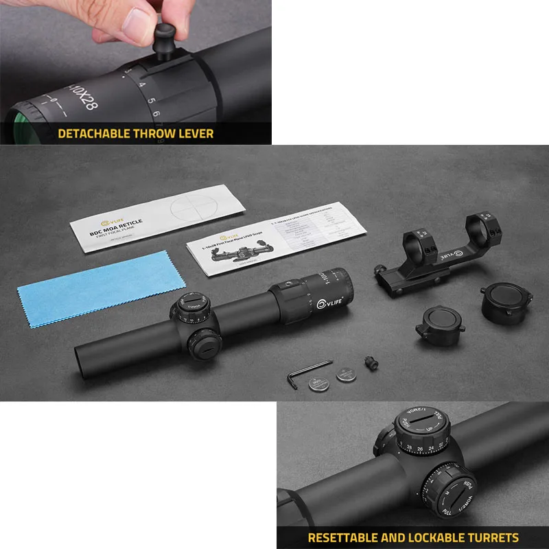 

1-10x28 First Focal Plane FFP LPVO Scope 34mm Maintube with Cantilever Mount with Illuminated BDC Reticle Zero Reset Turret Lock