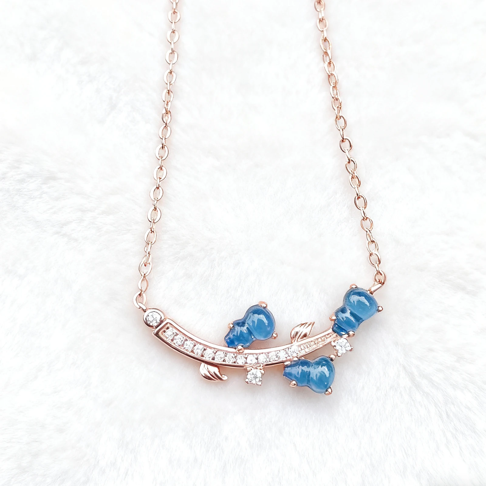 Romantic Leaf Design Pendant Necklace Rose Gold Plated with Blue Amber and Zircon Gift for Her Valentine Love Jewelry