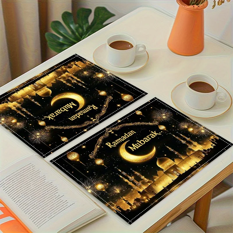 1PC Ramadan Mubarak Placemats - Elegant Golden & Crescent Moon Design