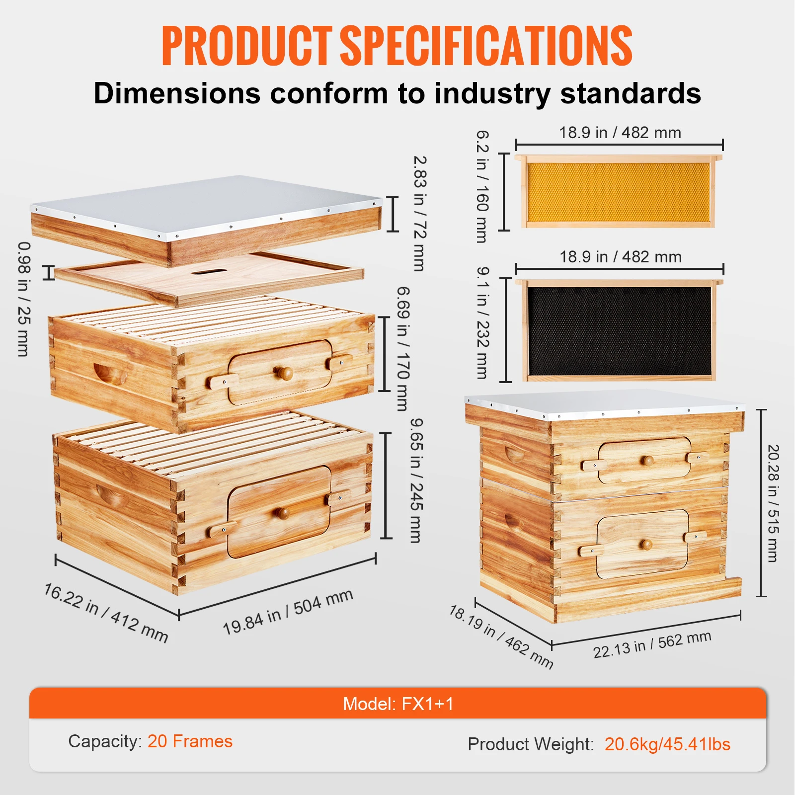SucceBuy Bijenkorf Diepe Box Starter Kit 100% Bijenwas Gecoat Natuurlijk Cederhout Langstroth Bijenkorf Kit Transparant Acryl