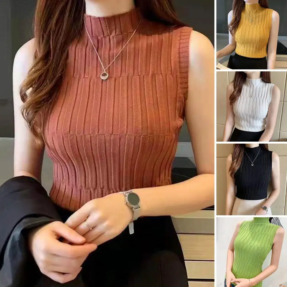 Women Summer Bottoming Vest Half High Collar Knitwear Sleeveless Knitting Tops Slim Fit Shirt Solid Color Tank Tops Streetwear