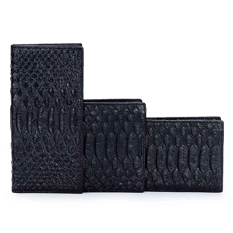 Carteiras de couro genuíno para homens, bolsa bifold, estampa longa de jacaré, couro de vaca real, carteiras pretas curtas