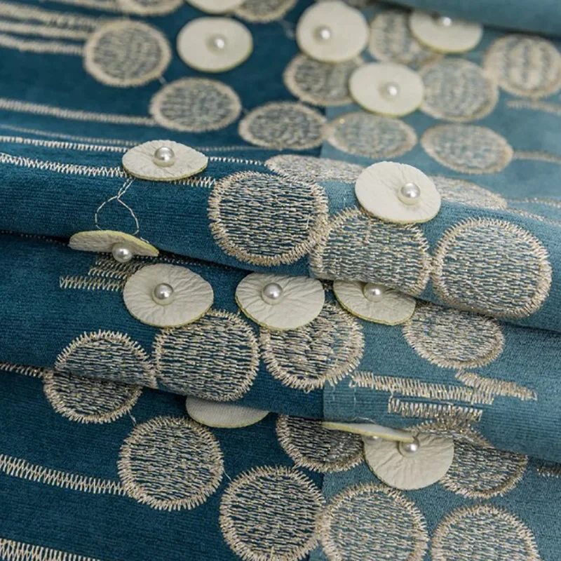 New Light Luxury Curtains for Living Dining Room Bedroom Thick Cashmere Shading Chenille Embroidered Bead Blue Curtains Tulle