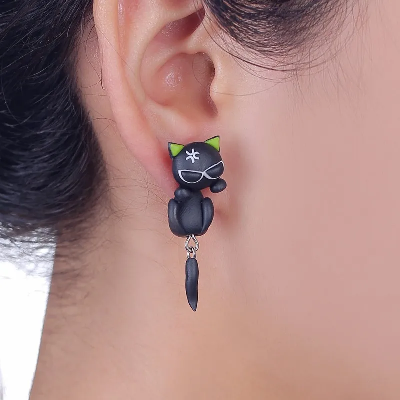 Handmade Handmade Cool Black Cat Sunglasses Polymer Clay Stud Earrings For Women Cute 3D Animal Ear Jackets Front Back Piercing Jewelry - Aliexpress Deal