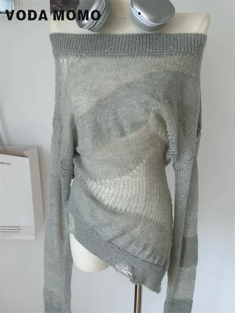 

Women Slim-fit Long-sleeved Hem Women's Fall Elegant Solid Color Women Y2k Knit Sweater Fashion Off-the-shoulder Ripped Sweater