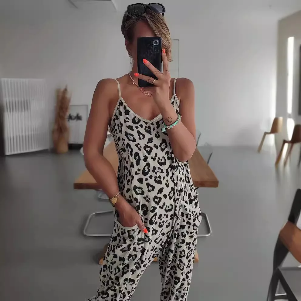 Suspender Jumpsuit Women's 2024 Summer New Leopard Print Loose Casual Suspender Jumpsuit Pantalon Pour Femme Sexy Outfits