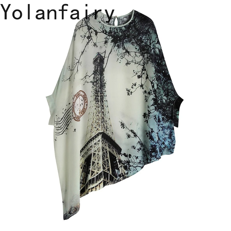 

YOLANFAIRY 100% Real Mulberry Silk T Shirts Woman Summer Loose Vintage Women Shirt Half Bat Sleeve Irregular Ladies Tops Blouses