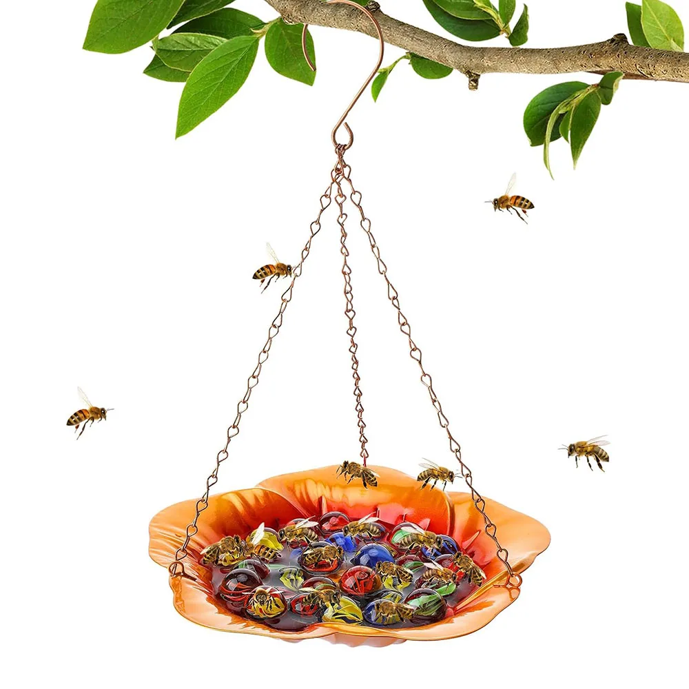 Bienenfütterer mit Lebhaftem Hibiskus-Design, Rostfreie Eisen-Bienenwasserstation zum Füttern, Schmetterlings-Badeschale mit 30 Glasmurmeln