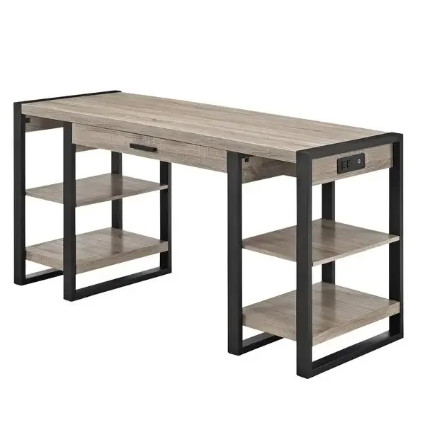

Modern Metal and Wood Computer Desk with USB Ports - Driftwood