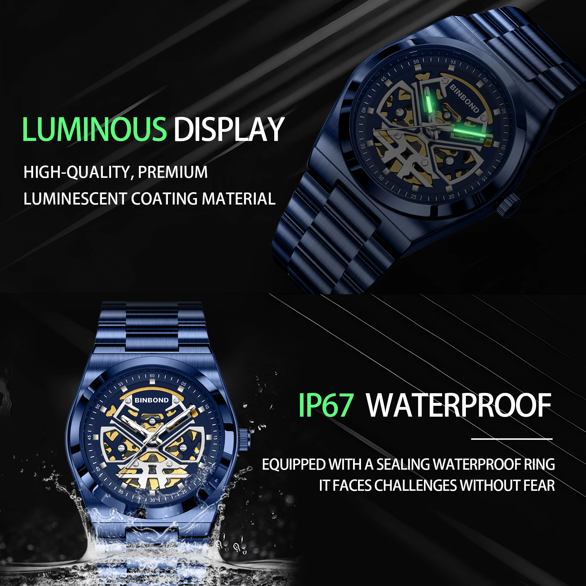 تتميز ساعة BINBOND الكوارتز الجديدة هيكلًا أسودًا أو أزرق أو أبيض وحزامًا في مخطط ألوان موحدًا. هذا التصميم الهيكلي