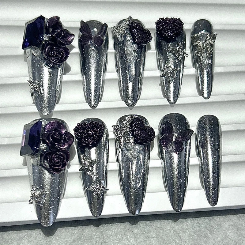 

Press On Nails Handmake Mirror Shiny Black and Red Rose Butterflies Confident Temperament Fake Nails Removable and Reusable