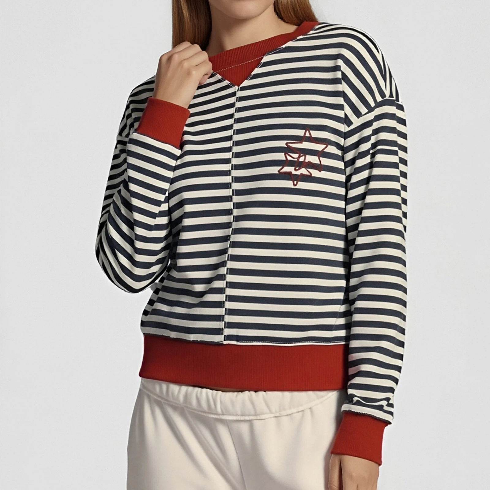 2026 봄 여성 캐주얼 라운드 넥 긴팔 풀오버 스웨트셔츠 패션 스트라이프 프린트 루즈핏 탑