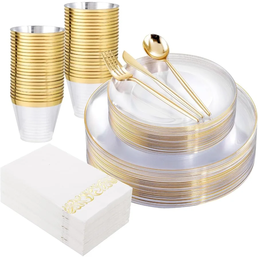 

350Pcs Clear and Gold plates,Clear plates, Plastic Plates for Party Include 50 Dinner,50Dessert Plate,50 Cup&50 Napkins, 150 Gol