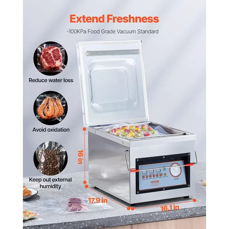 Chamber Vacuum Sealer 320W Sealing Power Vacuum Packing Machine for Wet Foods Meats Marinades and More Compact Size with 12.6