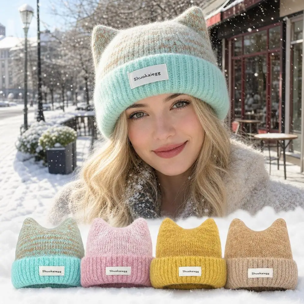 Cute Warm Cat Ear Hat Ear Protection Thickened Knitted Beanie Sweet Design Windproof Winter Cap Daily Wear