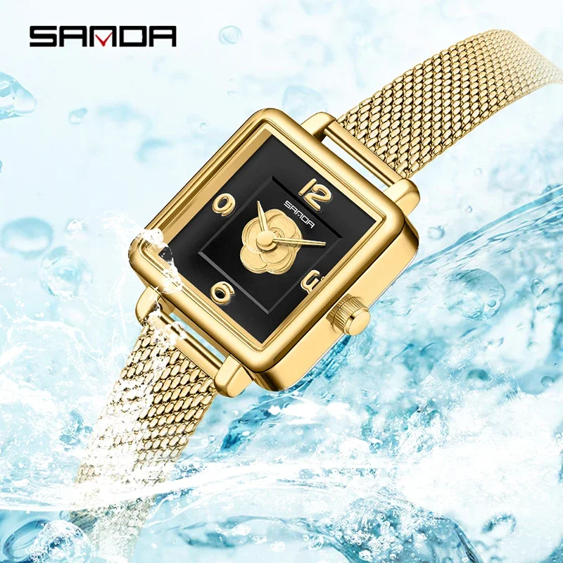 SANDA New Watch For Women Design Fashion Rose Square Dial Water Resistant Swiss Quartz Business Women Elegant Analog Wristwatch