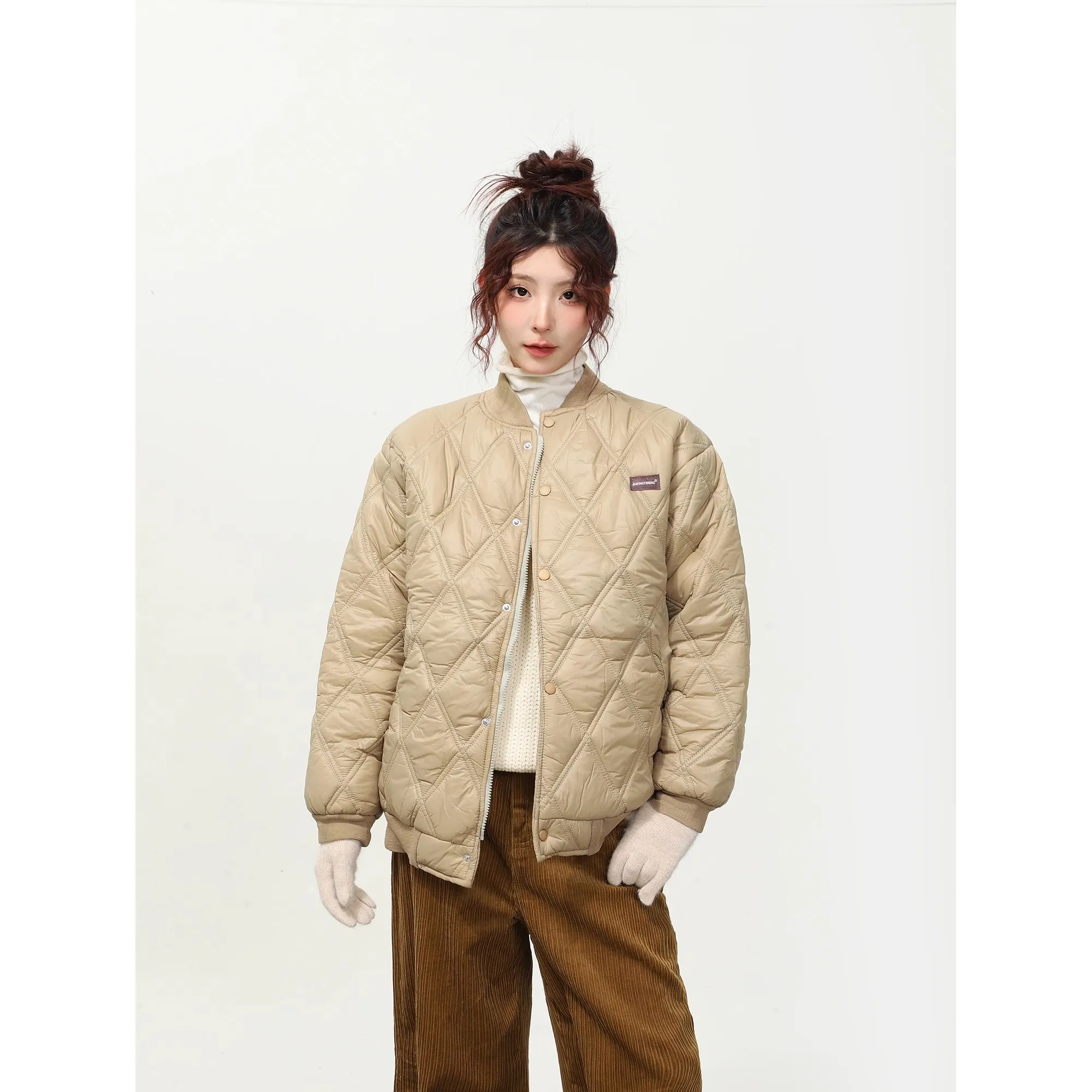 

Autumn Winter Rhombus Plaid Cotton-padded Jacket American Retro Letter Embroidery Loose Casual Thickened Baseball Cotton Jacket