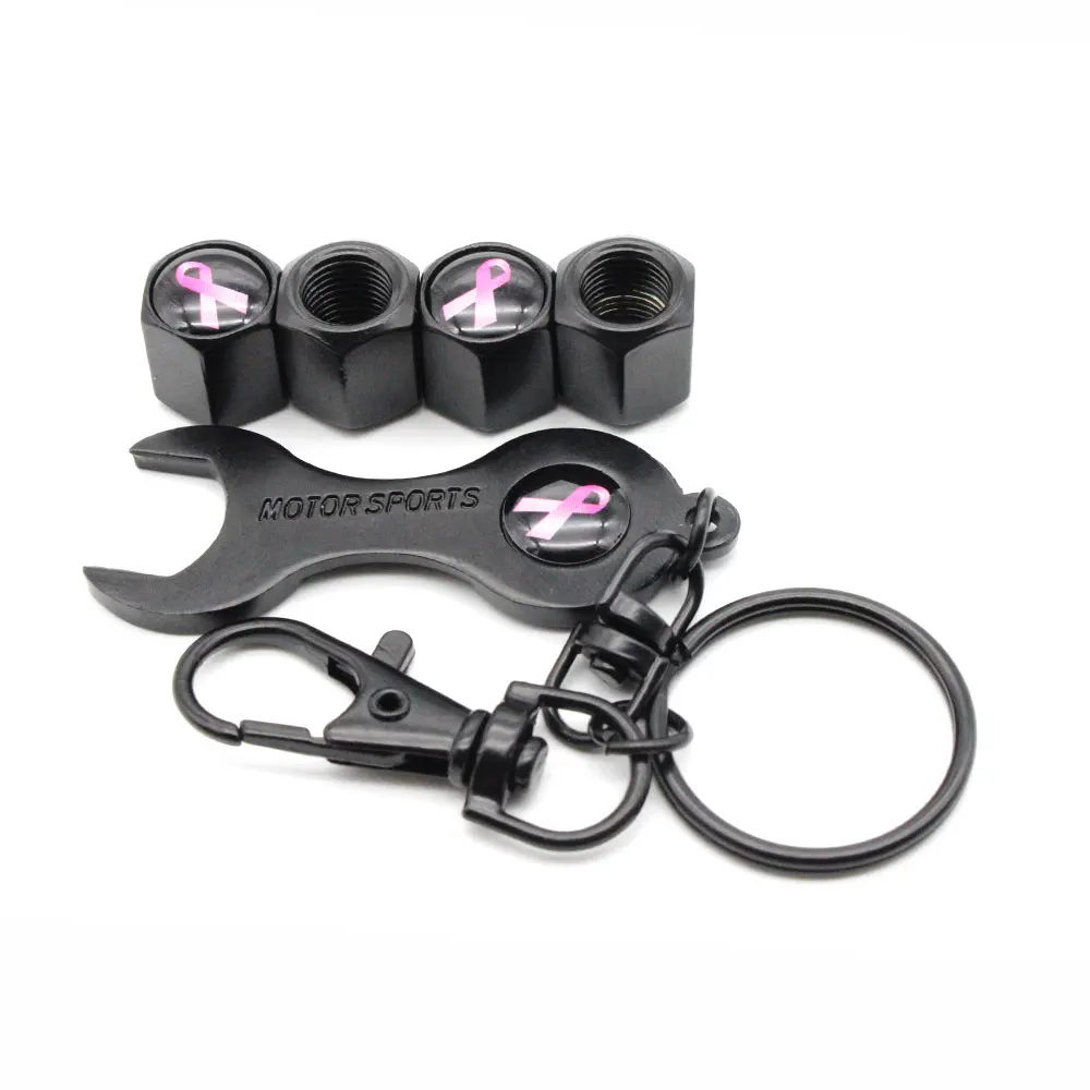 5Pcs/Set Pink Ribbon Style Anti-theft Car Wheel Air Tire Valves Tire Valve Caps Stem  with Wrench Keychain Ring Spanner New