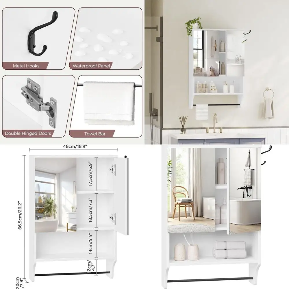 

White Wall-Mounted Bathroom Cabinet with Mirror, 2 Doors & Adjustable Shelves, 18.9W x 26.2H