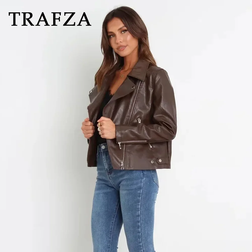 TRAFZA 2023 Women Autumn Casual PU Zippers Jackets Fashion Winter Vintage Solid Straight Coat For Women Streetwear Women Jacket