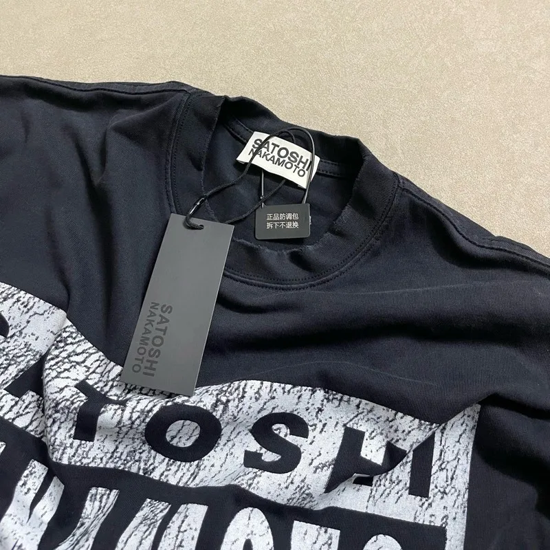 Cotton Vintage Distressed Washed Worn Black Oversize SATOSHI Tshirt Men Women Summer Streetwear Crack Letter Print Short Sleeve