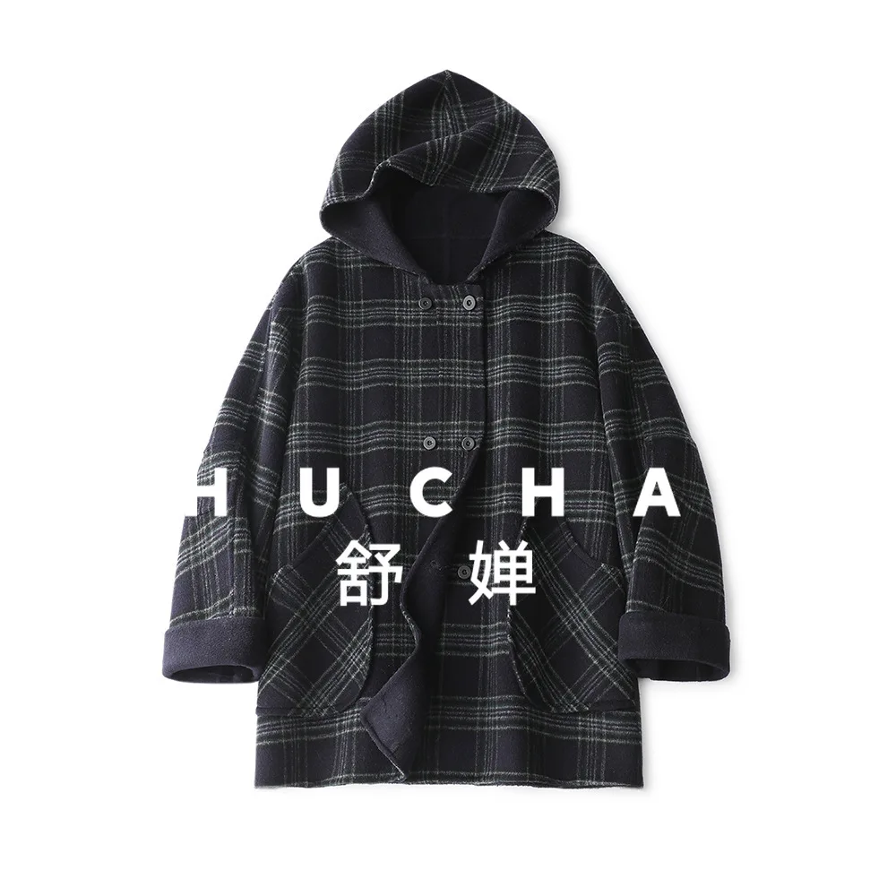 

Korean Plaid Hemming Hooded Double-sided Tweed Coat Women Lazy Retro Casacos Femininos Inverno 2025