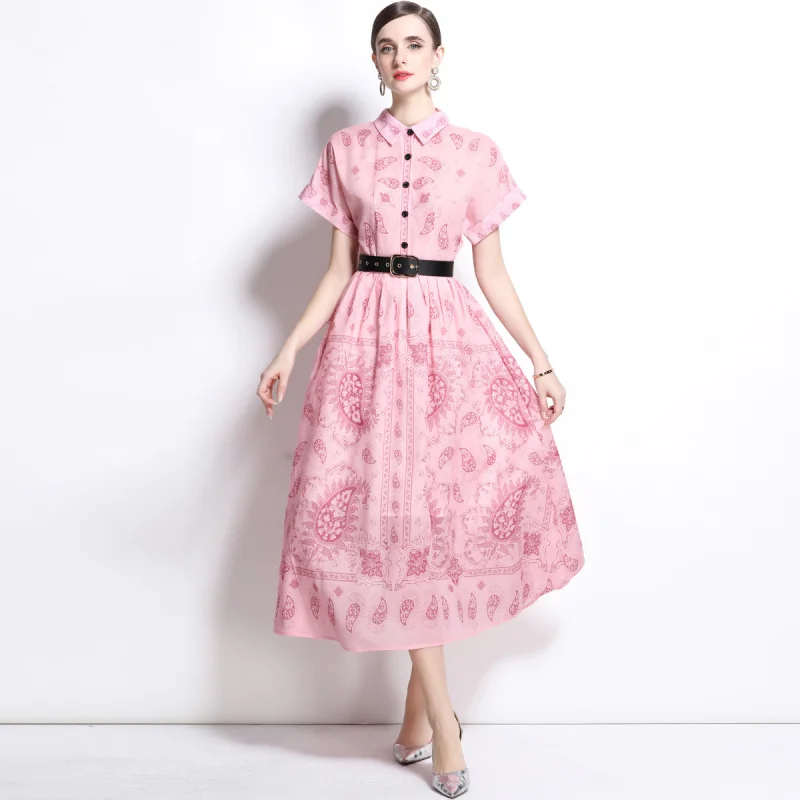 

2025 Spring/Summer New Women's Elegant Retro Print Lapel Short Sleeve Long Dress (with Belt) A001