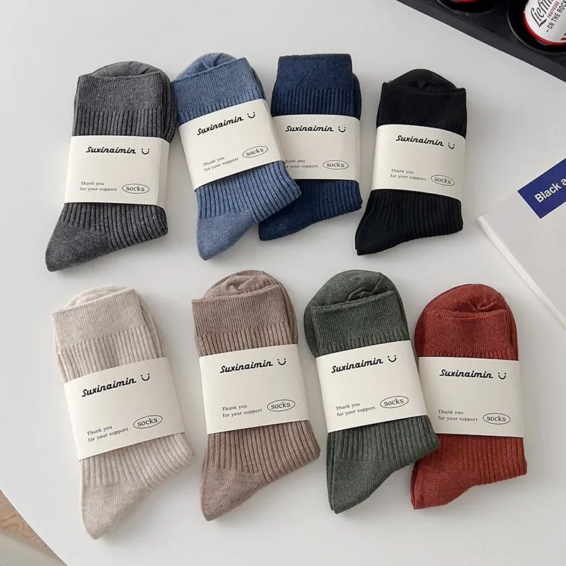 Autumn Winter Mens Socks Casual Fashion Solid Color Black Blue Gray Socks Men Business Male Breathable Elastic Cotton Long Socks