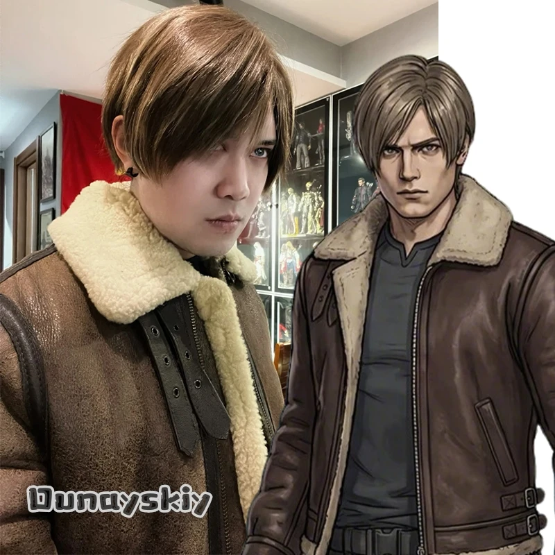 Hemera*Resident Evil 4 Leon Kennedy Cosplay Lederjacke Anime-Spiel Rollenspiel-Kostüm für Comic Con Halloween Herren Stylisch