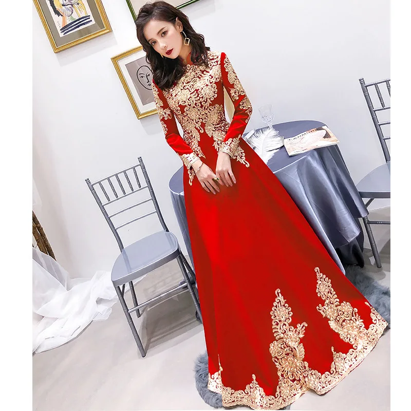 

Spring and Autumn Bride Wedding Red V-neck Zipper Back To The Door Clothes Usually Can Wear Long Models Thin Evening Dresses