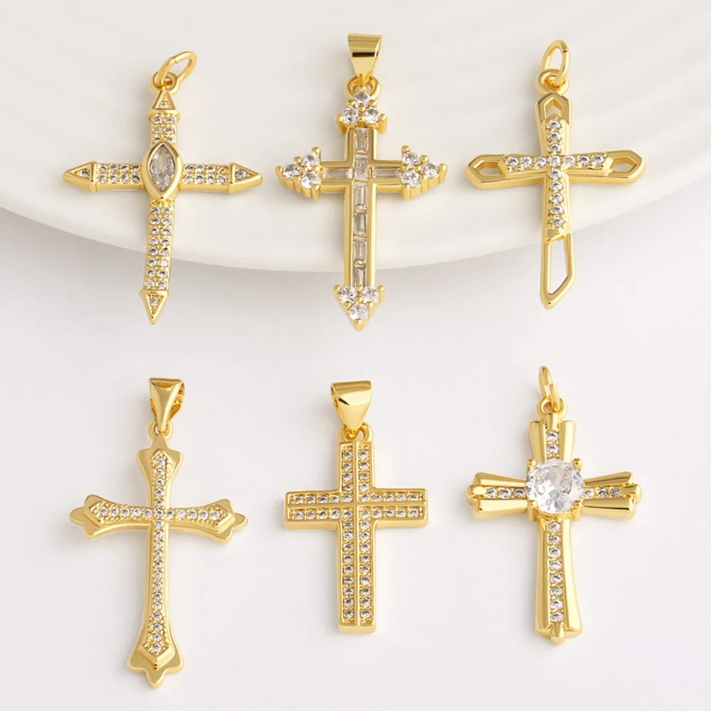 OCESRIO White Crystal Big Cross Pendant for Necklace Copper Gold Plated Crucifix Handmade DIY Jewelry Making Supplies pdtb006