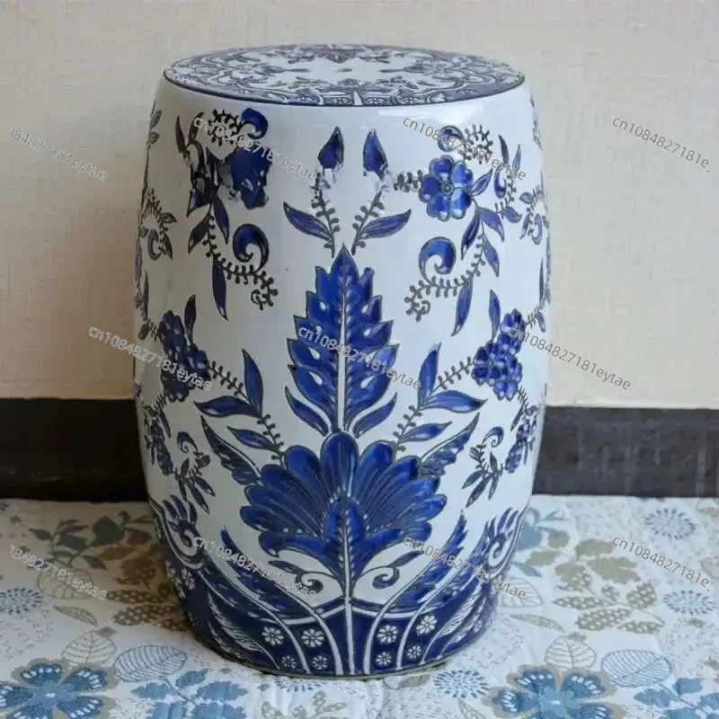 Ceramic Drum Shoe Changing Stool, Neoclassical Round Low Stool for Bathroom, Office Footrest & Designer Furniture