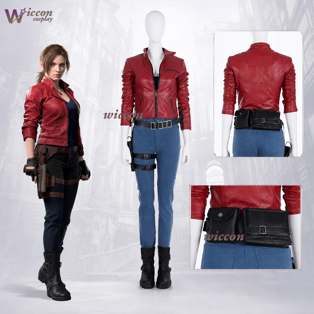 Game RE2 Claire Cosplay-Kostüm Claire mit Zubehör Roter Ledermantel Damen Kompletter Anzug Claire Cosplay