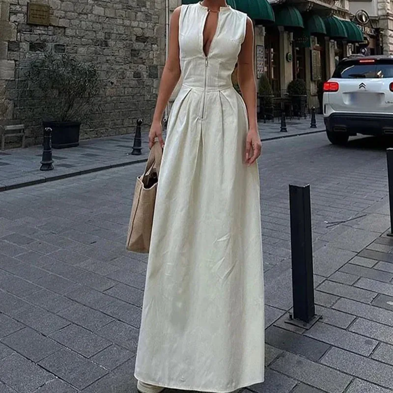 

Sexy Deep V-neck Zip Girdle Waist Long Dress Summer Elegant Sleeveless Solid Party Dress Women Casual Pocket Draped Maxi Dresses