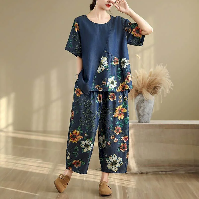 

Literary Pants Sets Autumn Vintage Short Sleeve O-neck T-shirts Printed Harem Pants Korean Style Two Piece Sets Women Outfits