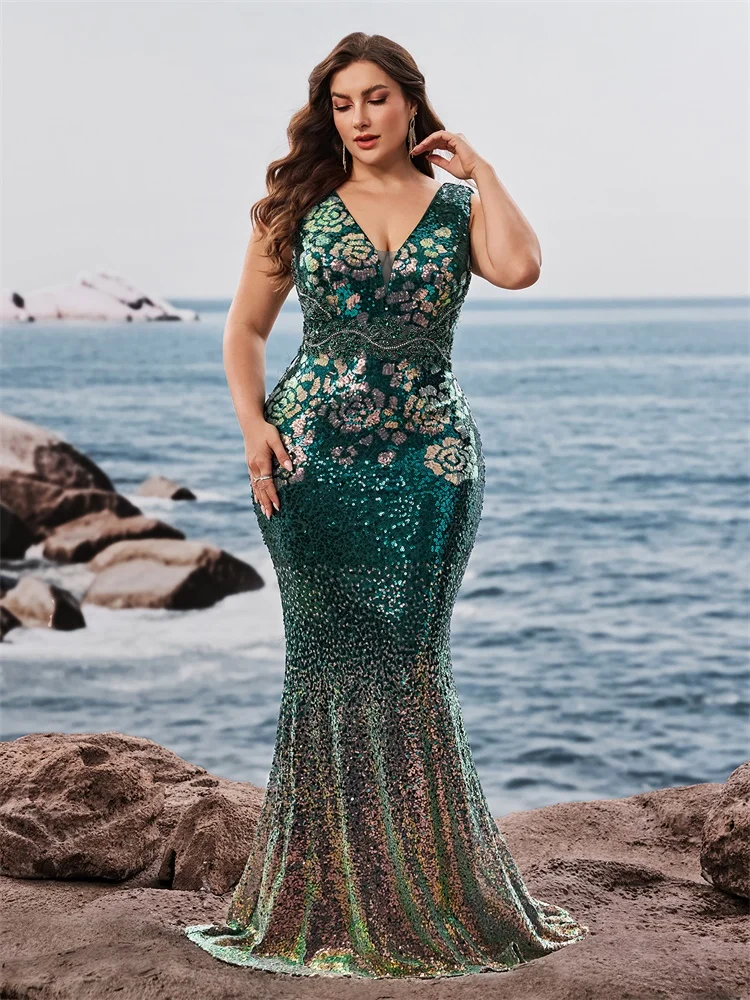 Lucyinlove Plus Size Elegante scollo a V Paillettes Abiti da sera Lunghi Nuove donne di lusso Formali Sirena Abiti da cocktail per feste di nozze