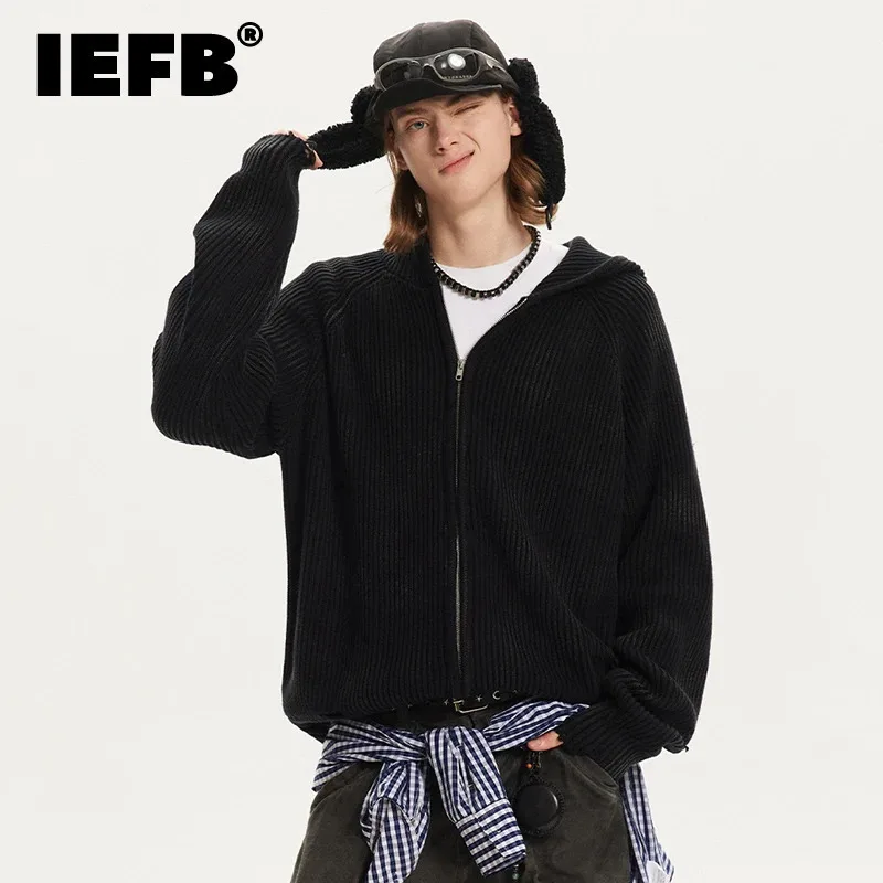 IEFB New Fashion Men's Cardigan Hooded Worn-out Solid Color Casual Knitting Tops Loose Zipper Male Kints Autumn Spring 9W148