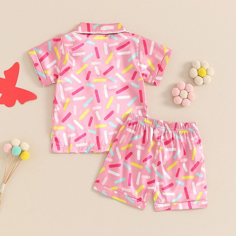 Kids Girls Pajamas Set Dog Butterfly Print Short Sleeve Turn-down Collar Tops with Elastic Waist Shorts Sleepwear