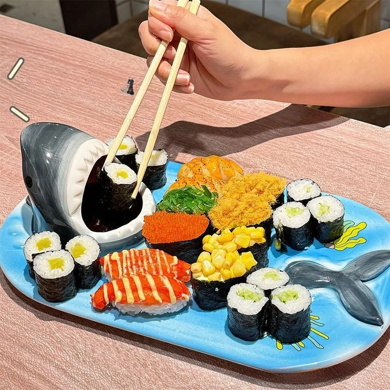 Creative Shark Shape Ceramic Plate, Japanese Cartoon Sushi Serving Dish, Cartoon Dessert Salmon Sashimi Plate,Kitchen Decoration