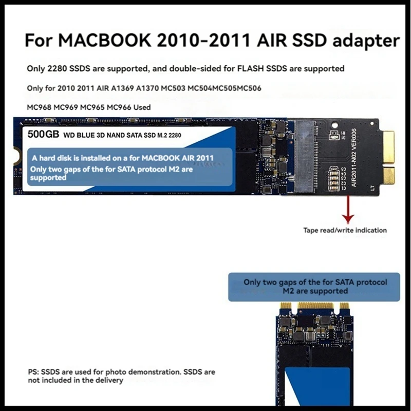 Адаптер M.2 NGFF SATA SSD для Air 2010 2011 A1369 A1370 M2, карта преобразователя SSD, поддерживает только 2280 M2 SSD