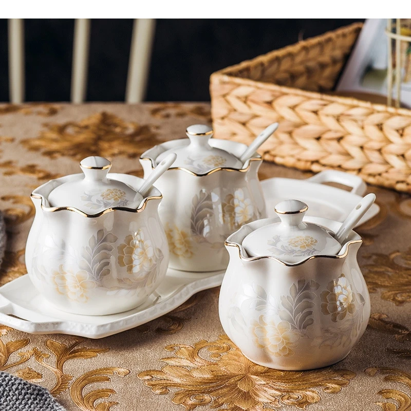 

Ceramic Seasoning Jar Set with Tray Salt Sugar Pepper Spice Chopsticks Tube Home Kitchen Supplies Box