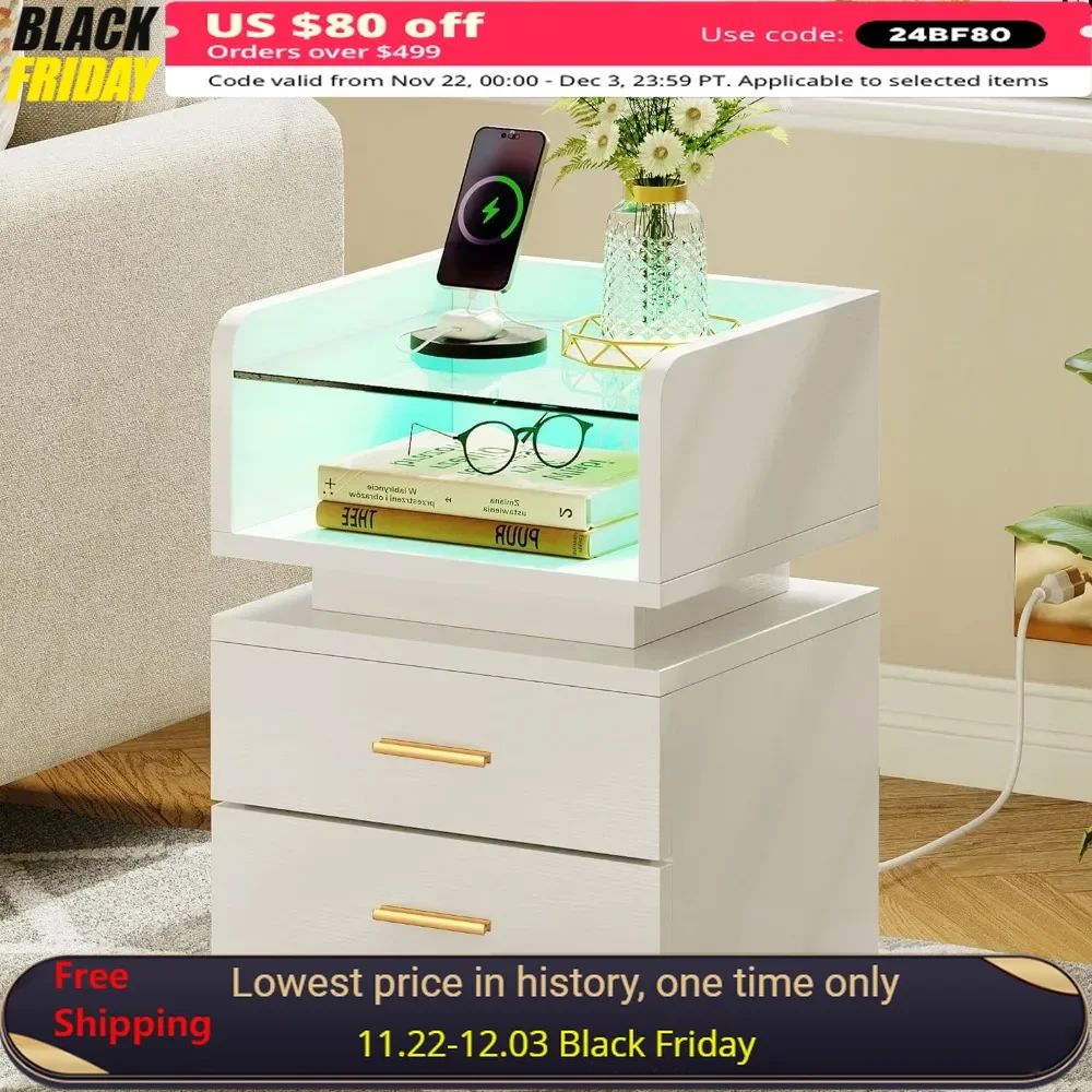 

Nightstand with Charging Station, Nightstands with Glass Top, Bedside Tables with 2 Drawers, LED Nightstand