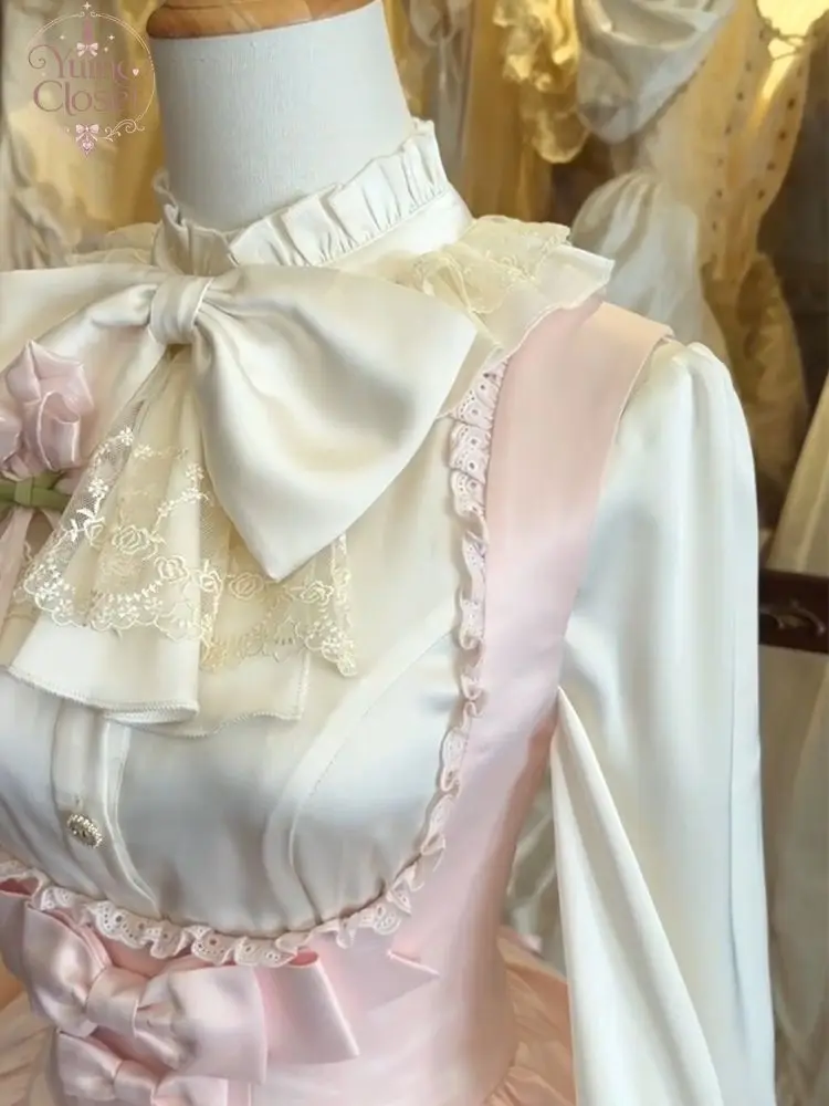 Sweet Lolita 2 Piece Dress Set Women White Ruffle Blouse Pink Suspender Maxi Dress Bow Lace Victorian Tea Party Outfit Princess