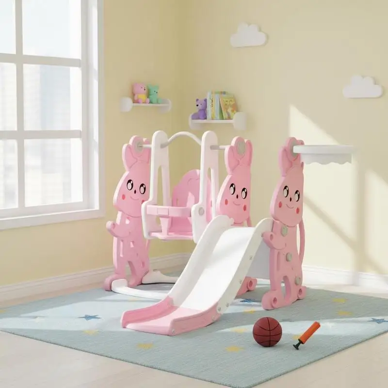 

AIYAPLAY 4 in 1 Kids Slide and Swing Set with Basketball Hoop, Slide, Swing, 147.5x160x107cm, Pink